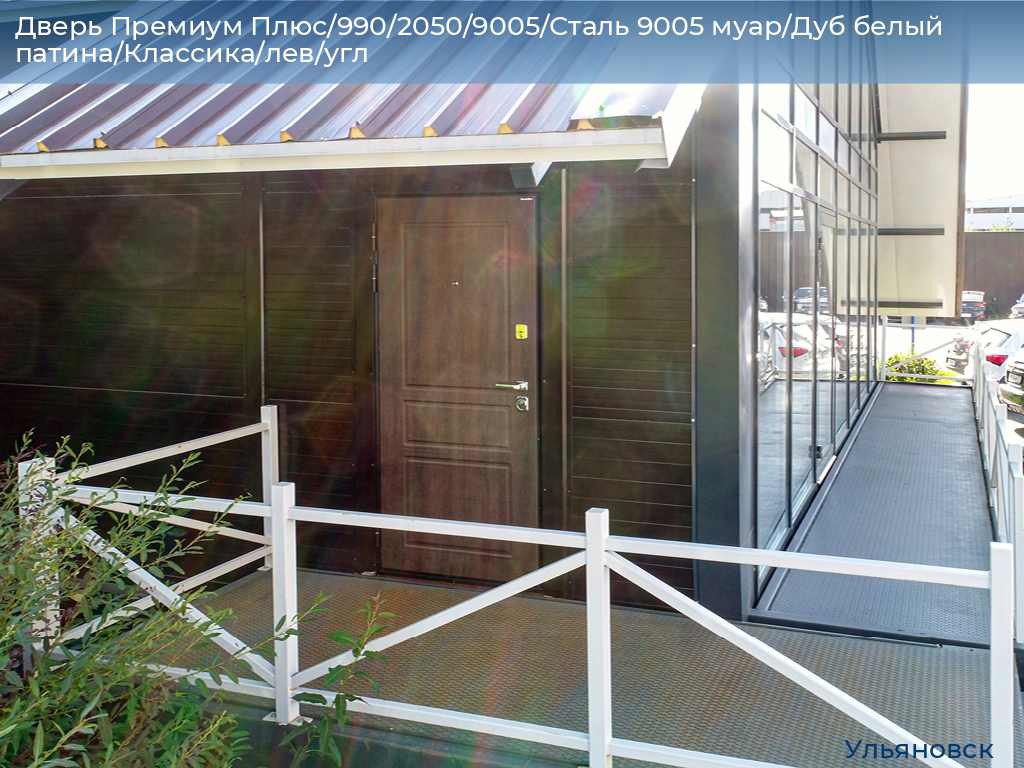 Дверь Премиум Плюс/990/2050/9005/Сталь 9005 муар/Дуб белый патина/Классика/лев/угл, ulyanovsk.doorhan.ru